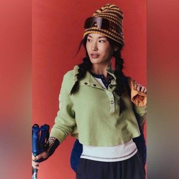 FREE PEOPLE So Fly Henley Layer Snap Front Pullover Lightening Lime XL RARE NWOT - Picture 3 of 13